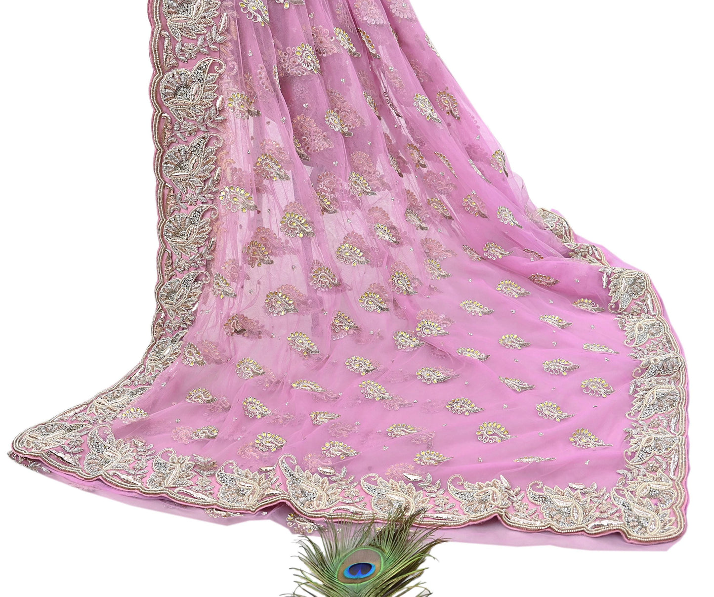 Indian Pre-owned Sari Pink Net/Mesh Hand Embroidered Anamika Khanna Designer Sarees Ethnic 6Yd Sewing  Zardozi/Dabka Zari Wedding Sarees