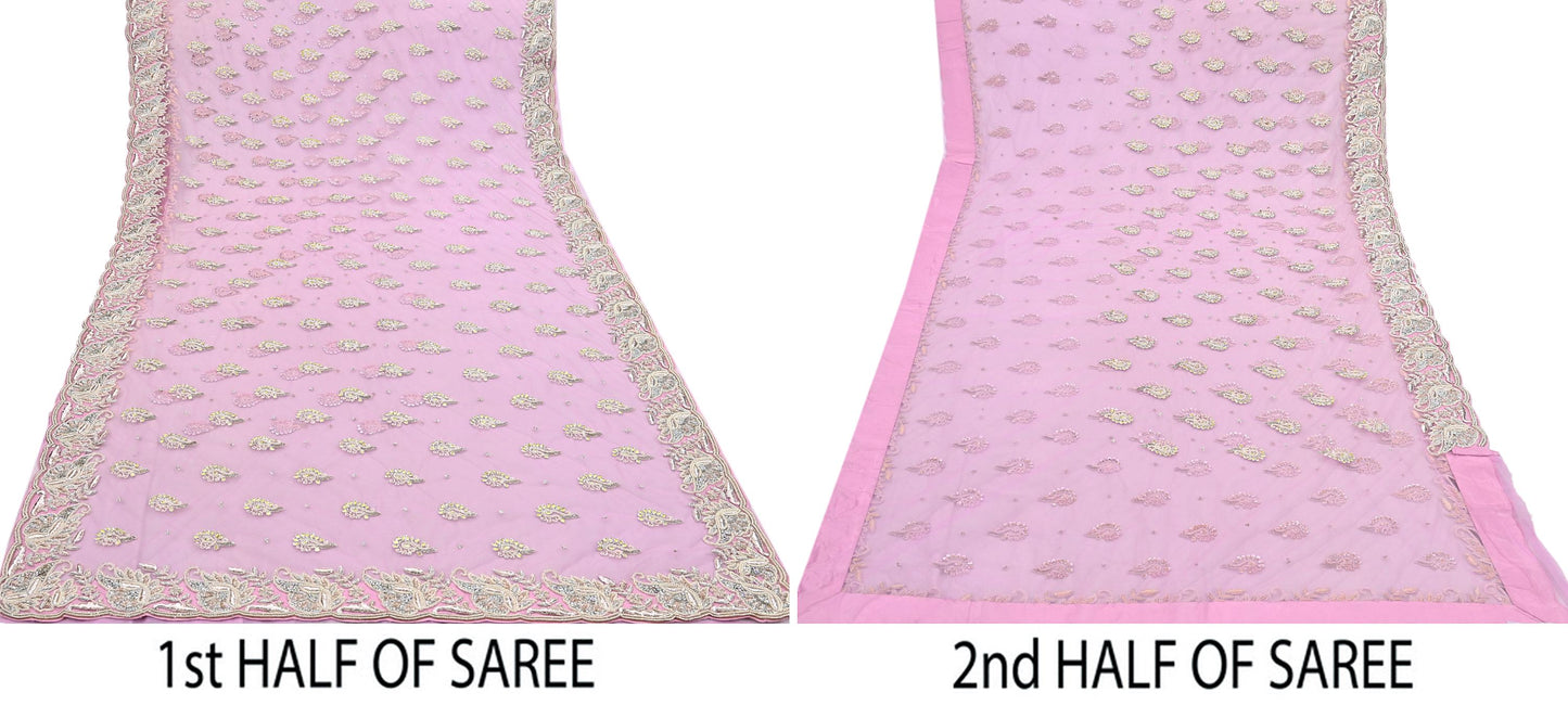 Indian Pre-owned Sari Pink Net/Mesh Hand Embroidered Anamika Khanna Designer Sarees Ethnic 6Yd Sewing  Zardozi/Dabka Zari Wedding Sarees