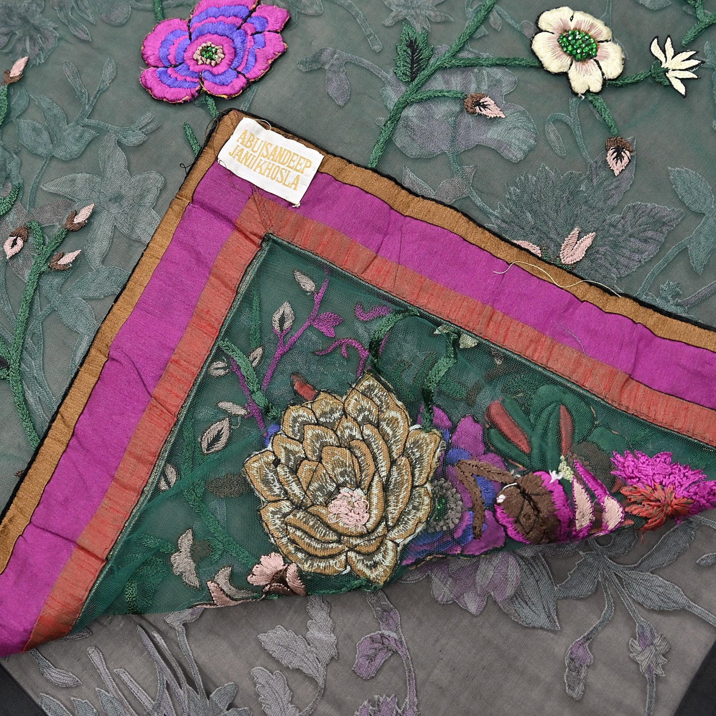 Vintage Black & Green Chiffon Silk, Net Heavy Embroidered Saree, Abu Jani Designer Sari, Bridal Wedding Wear 5Yd with Blouse fabric