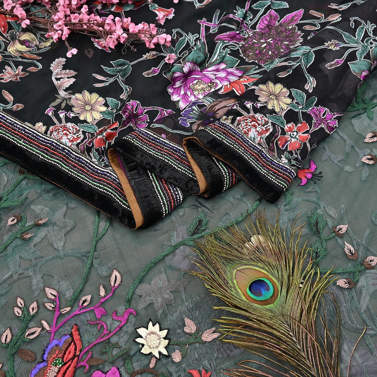 Vintage Black & Green Chiffon Silk, Net Heavy Embroidered Saree, Abu Jani Designer Sari, Bridal Wedding Wear 5Yd with Blouse fabric