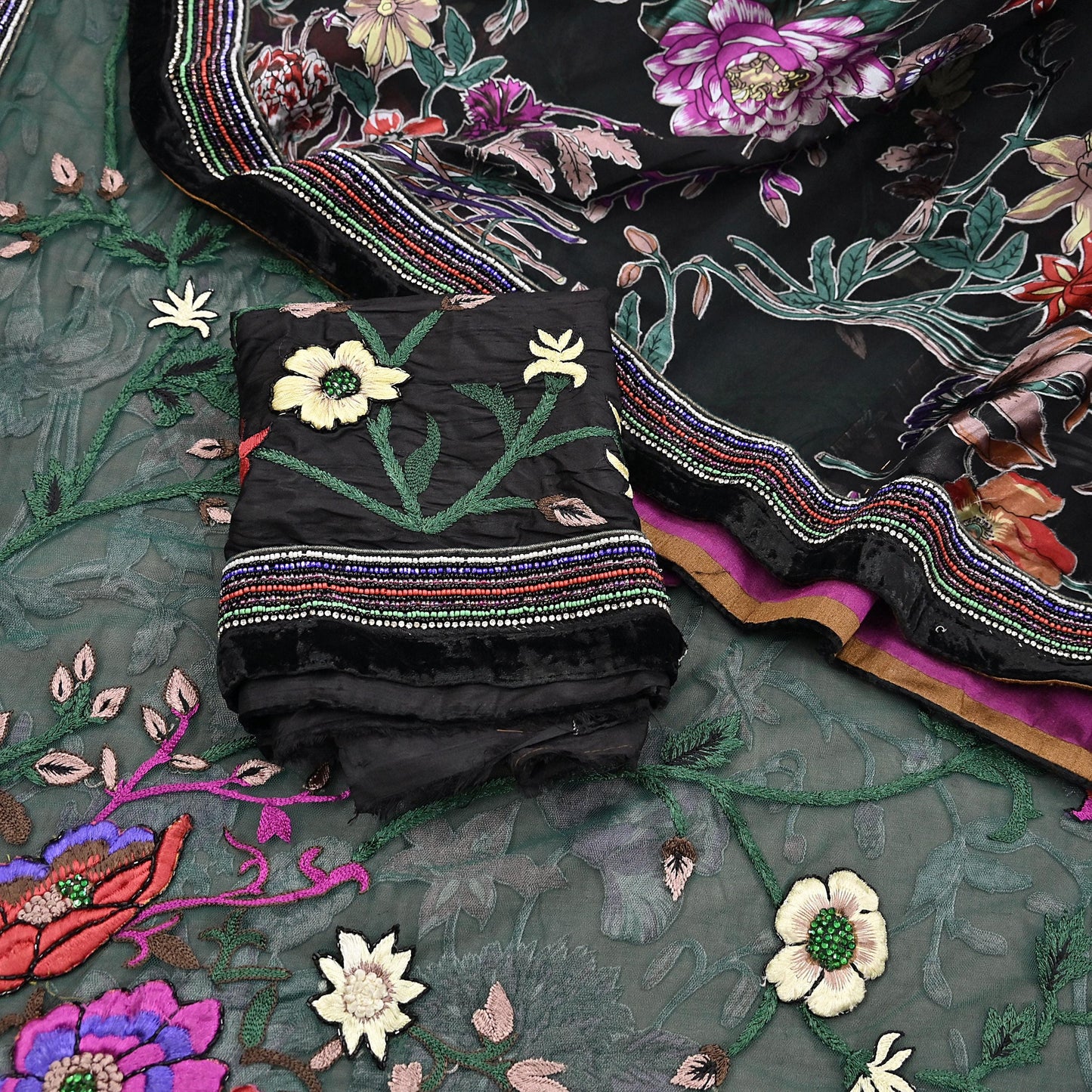 Vintage Black & Green Chiffon Silk, Net Heavy Embroidered Saree, Abu Jani Designer Sari, Bridal Wedding Wear 5Yd with Blouse fabric