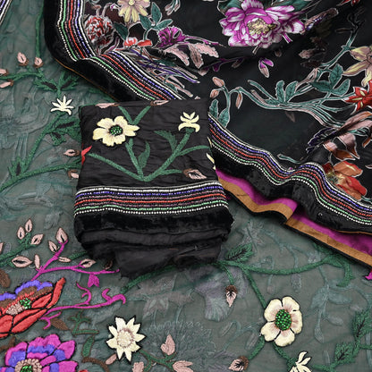 Vintage Black & Green Chiffon Silk, Net Heavy Embroidered Saree, Abu Jani Designer Sari, Bridal Wedding Wear 5Yd with Blouse fabric