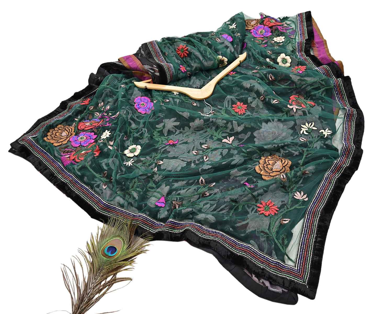 Vintage Black & Green Chiffon Silk, Net Heavy Embroidered Saree, Abu Jani Designer Sari, Bridal Wedding Wear 5Yd with Blouse fabric