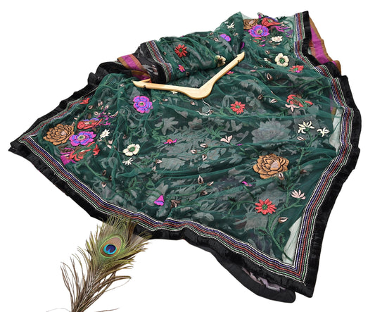 Vintage Black & Green Chiffon Silk, Net Heavy Embroidered Saree, Abu Jani Designer Sari, Bridal Wedding Wear 5Yd with Blouse fabric