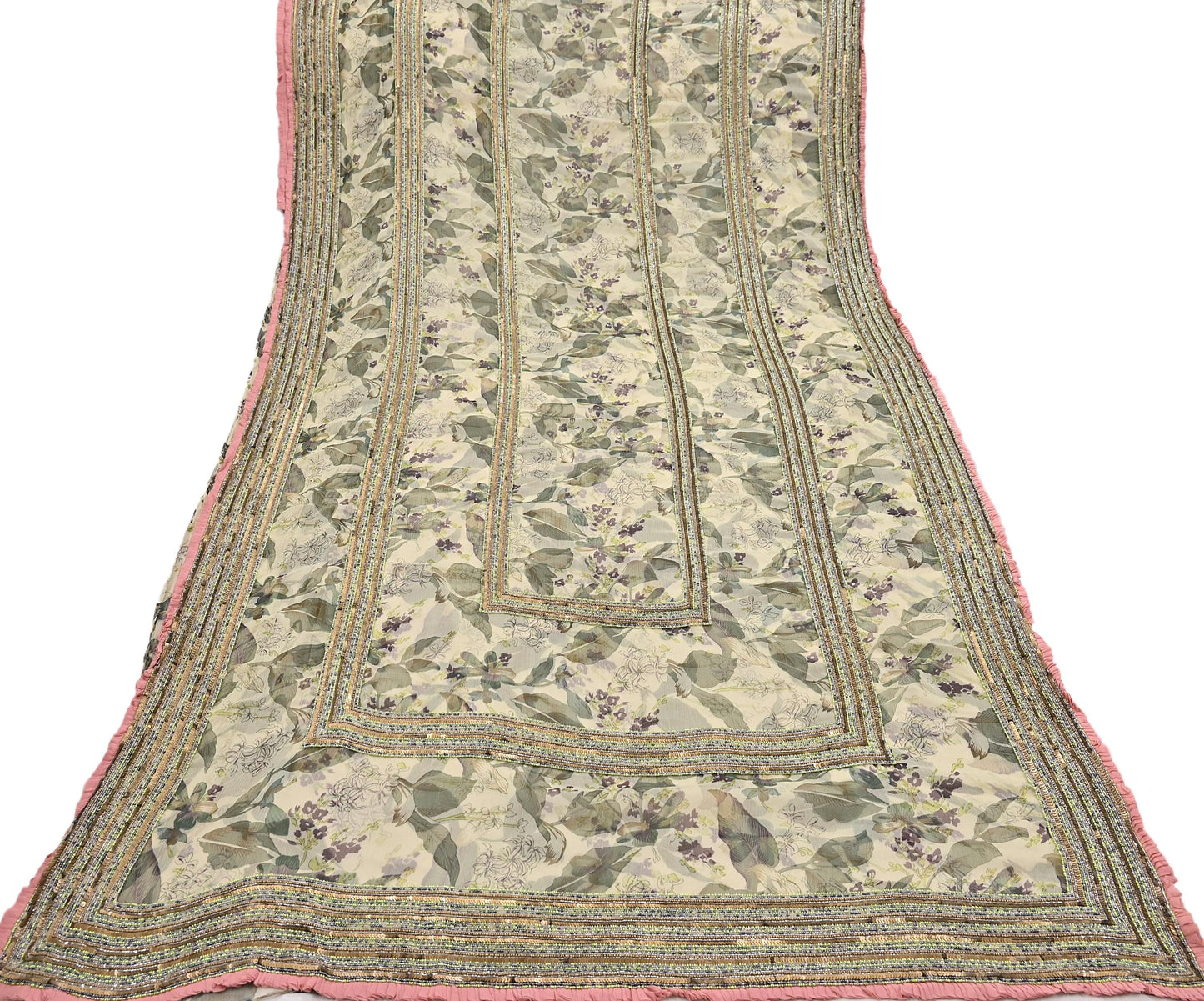 Indian Pre-owned Sari Green & Ivory Pure Georgette Silk Hand Embroidered Anamika Khanna Designer Sarees Ethnic 6Yd Sewing  Wedding Sarees