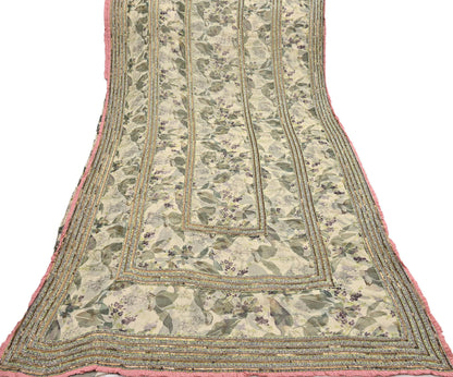 Indian Pre-owned Sari Green & Ivory Pure Georgette Silk Hand Embroidered Anamika Khanna Designer Sarees Ethnic 6Yd Sewing  Wedding Sarees