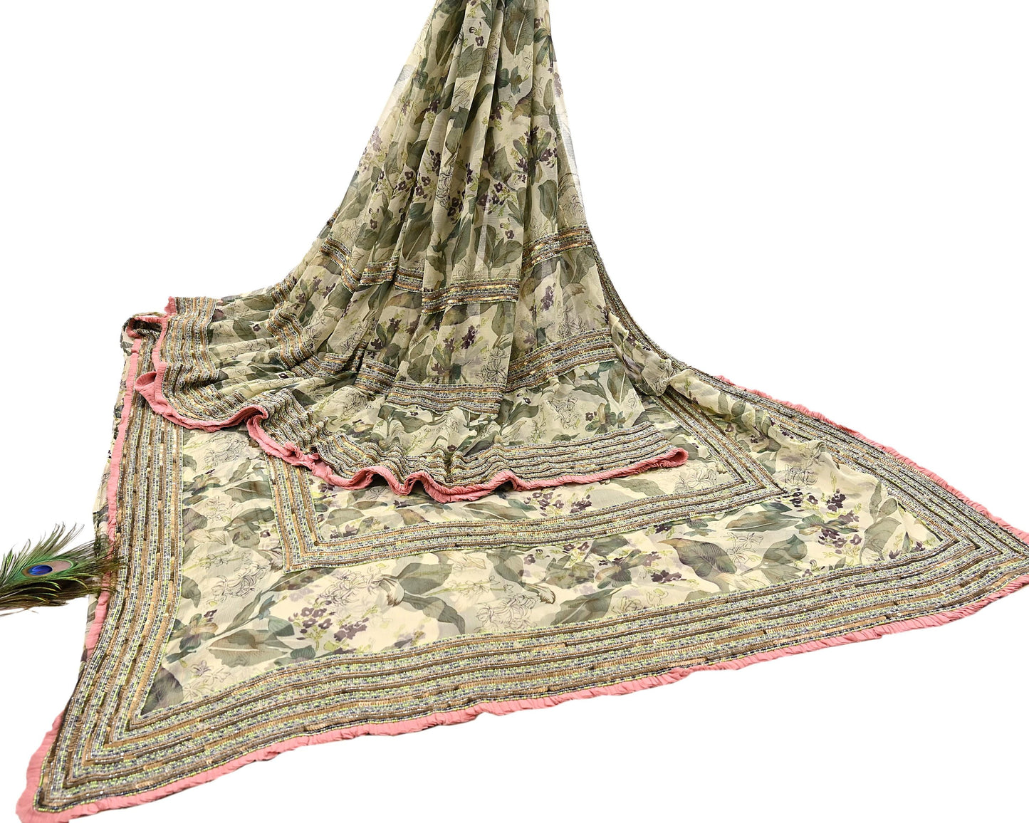 Indian Pre-owned Sari Green & Ivory Pure Georgette Silk Hand Embroidered Anamika Khanna Designer Sarees Ethnic 6Yd Sewing  Wedding Sarees