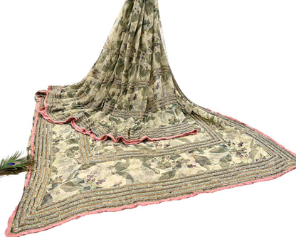 Indian Pre-owned Sari Green & Ivory Pure Georgette Silk Hand Embroidered Anamika Khanna Designer Sarees Ethnic 6Yd Sewing  Wedding Sarees