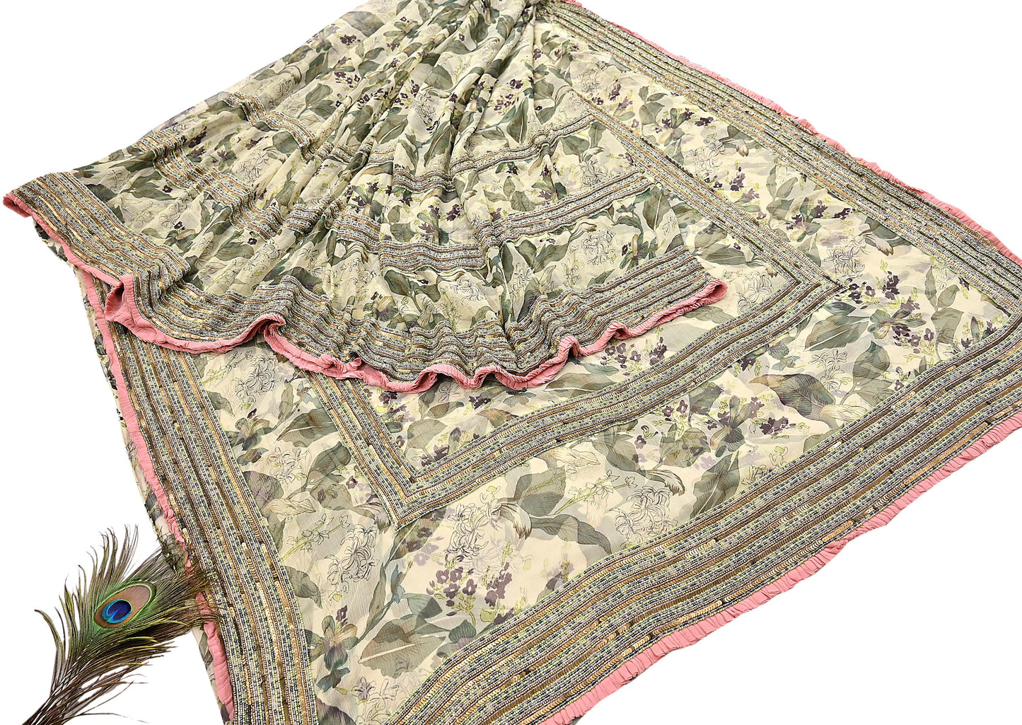 Indian Pre-owned Sari Green & Ivory Pure Georgette Silk Hand Embroidered Anamika Khanna Designer Sarees Ethnic 6Yd Sewing  Wedding Sarees