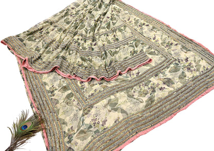 Indian Pre-owned Sari Green & Ivory Pure Georgette Silk Hand Embroidered Anamika Khanna Designer Sarees Ethnic 6Yd Sewing  Wedding Sarees