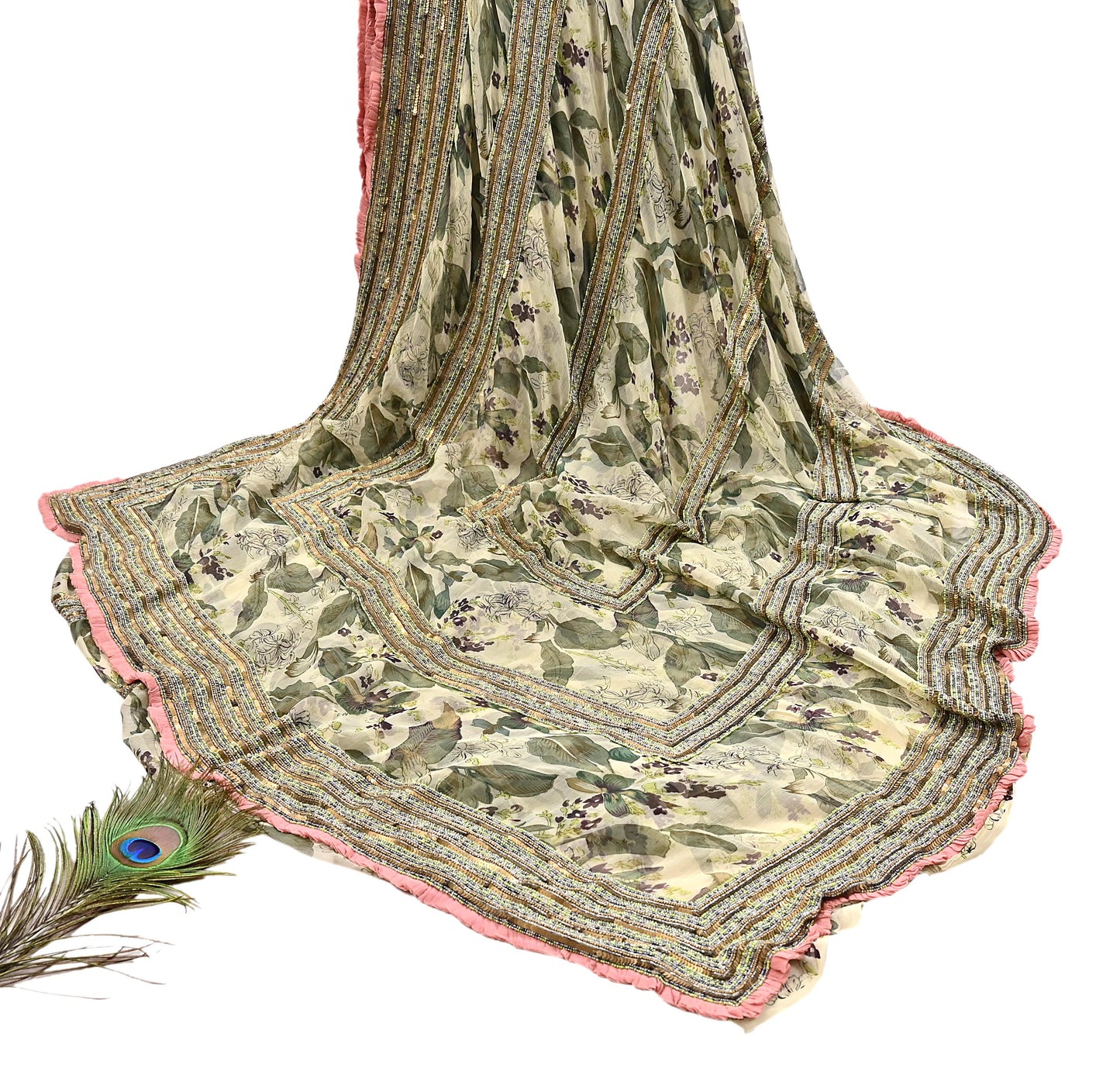 Indian Pre-owned Sari Green & Ivory Pure Georgette Silk Hand Embroidered Anamika Khanna Designer Sarees Ethnic 6Yd Sewing  Wedding Sarees