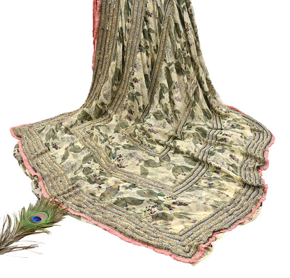 Indian Pre-owned Sari Green & Ivory Pure Georgette Silk Hand Embroidered Anamika Khanna Designer Sarees Ethnic 6Yd Sewing  Wedding Sarees