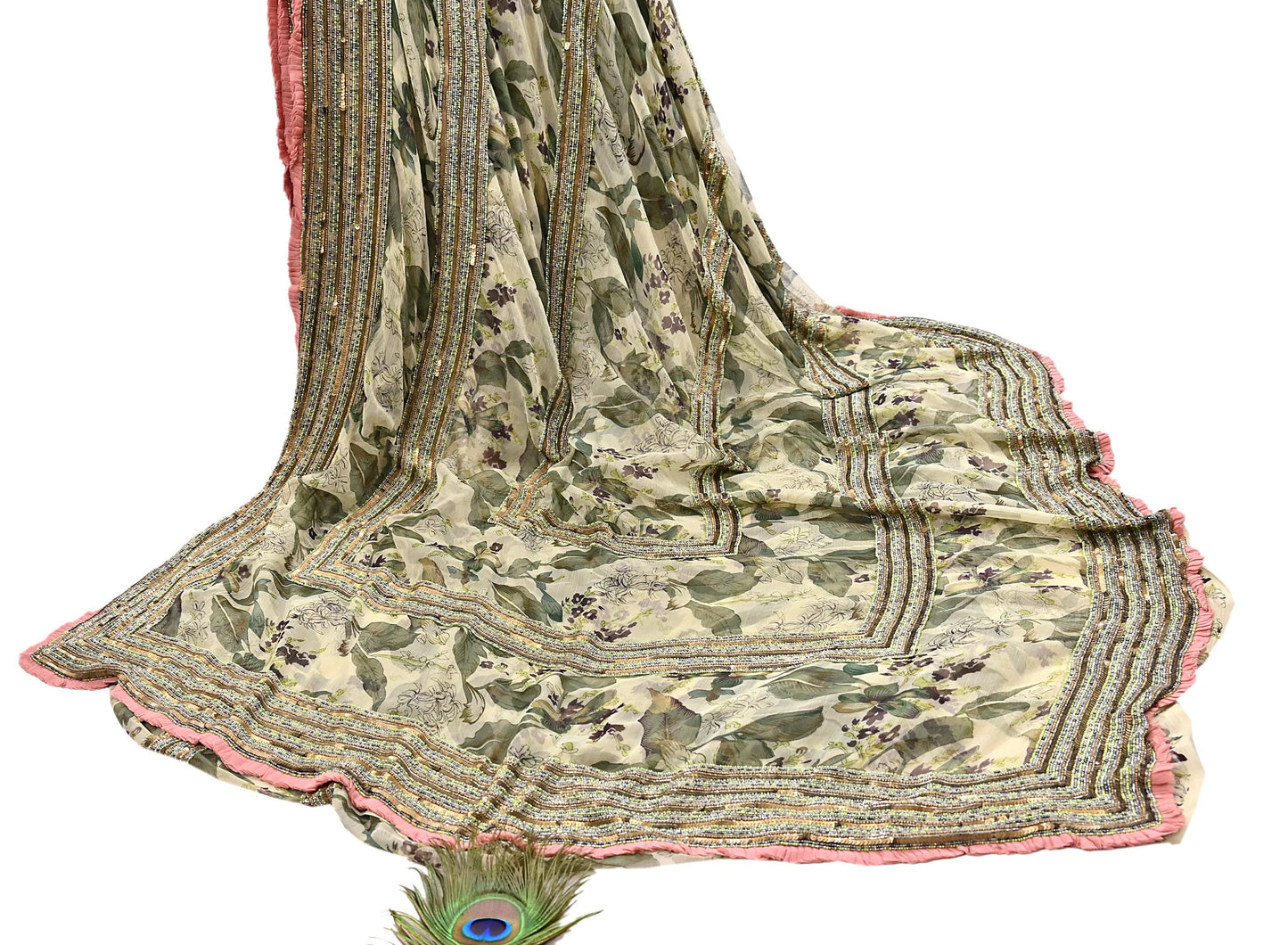 Indian Pre-owned Sari Green & Ivory Pure Georgette Silk Hand Embroidered Anamika Khanna Designer Sarees Ethnic 6Yd Sewing  Wedding Sarees