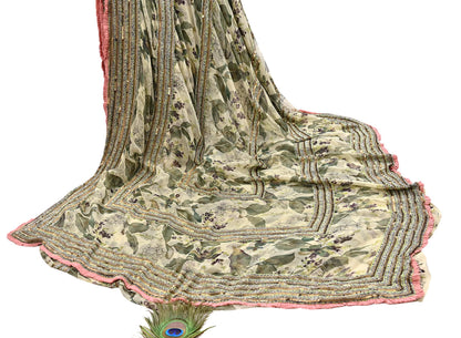 Indian Pre-owned Sari Green & Ivory Pure Georgette Silk Hand Embroidered Anamika Khanna Designer Sarees Ethnic 6Yd Sewing  Wedding Sarees