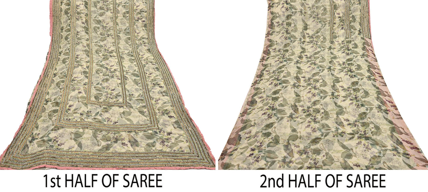 Indian Pre-owned Sari Green & Ivory Pure Georgette Silk Hand Embroidered Anamika Khanna Designer Sarees Ethnic 6Yd Sewing  Wedding Sarees