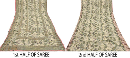 Indian Pre-owned Sari Green & Ivory Pure Georgette Silk Hand Embroidered Anamika Khanna Designer Sarees Ethnic 6Yd Sewing  Wedding Sarees