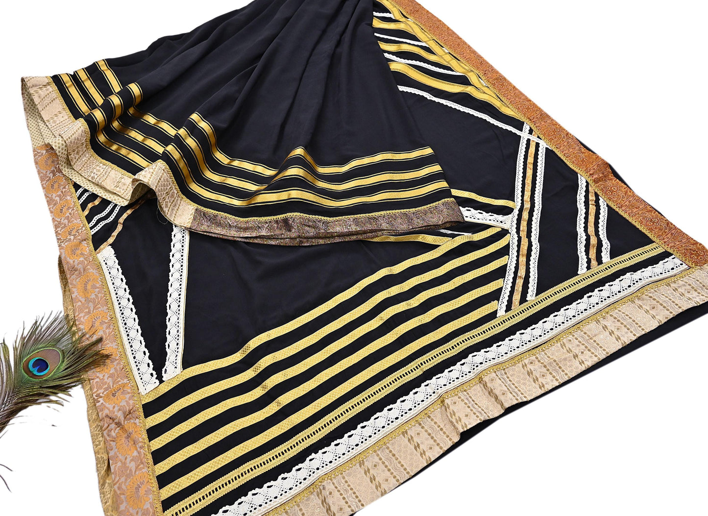 Indian Pre-owned Heavy Sari Black Pure Crepe Silk Hand Embroidered Sarees Designer Abu Jani 5Yd Sewing Ethnic Sarees