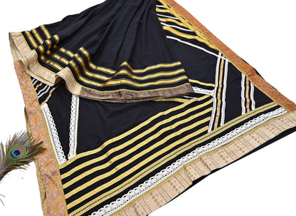 Indian Pre-owned Heavy Sari Black Pure Crepe Silk Hand Embroidered Sarees Designer Abu Jani 5Yd Sewing Ethnic Sarees