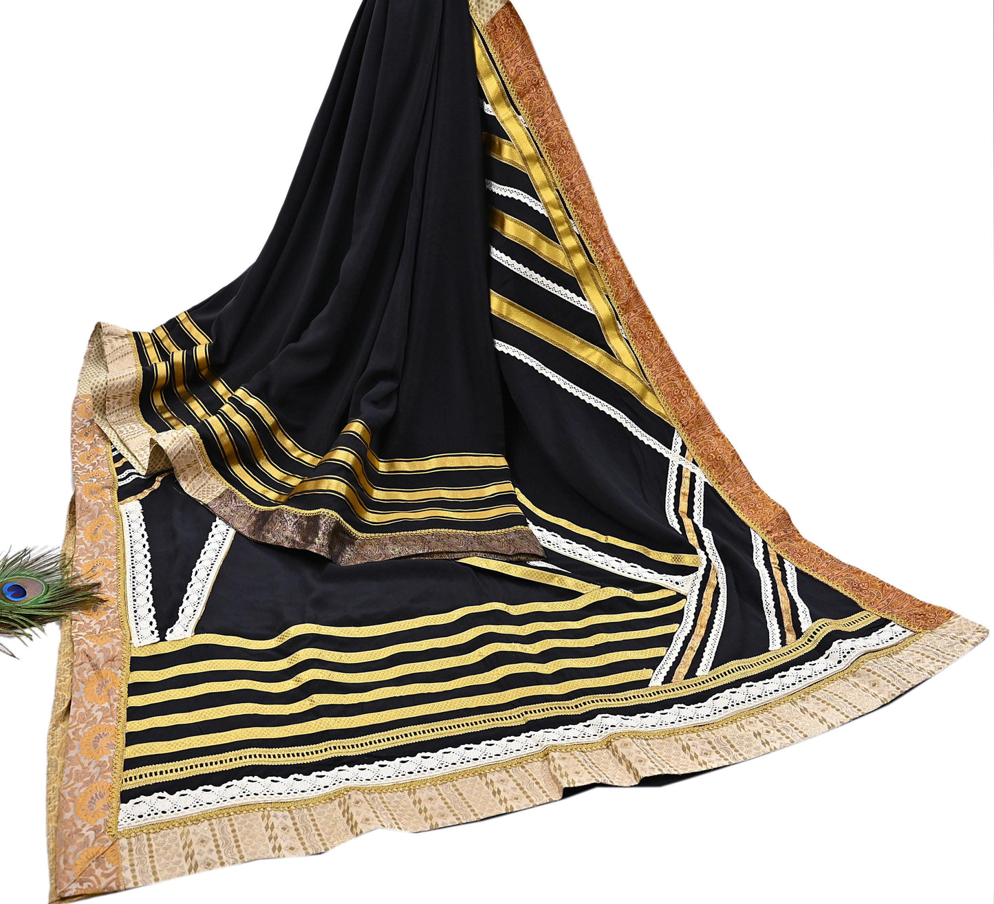 Indian Pre-owned Heavy Sari Black Pure Crepe Silk Hand Embroidered Sarees Designer Abu Jani 5Yd Sewing Ethnic Sarees