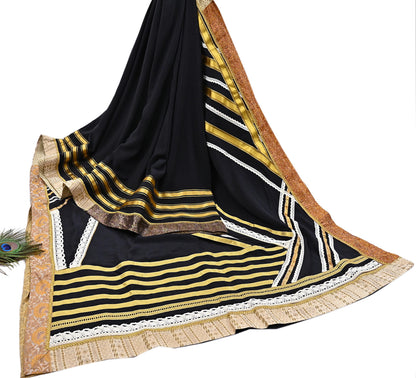Indian Pre-owned Heavy Sari Black Pure Crepe Silk Hand Embroidered Sarees Designer Abu Jani 5Yd Sewing Ethnic Sarees