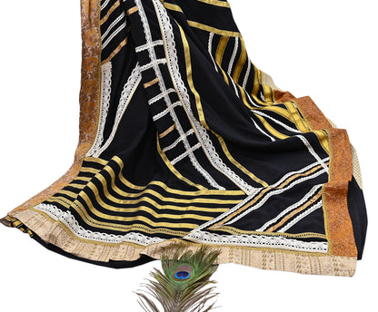 Indian Pre-owned Heavy Sari Black Pure Crepe Silk Hand Embroidered Sarees Designer Abu Jani 5Yd Sewing Ethnic Sarees