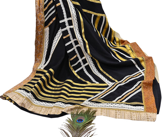 Indian Pre-owned Heavy Sari Black Pure Crepe Silk Hand Embroidered Sarees Designer Abu Jani 5Yd Sewing Ethnic Sarees