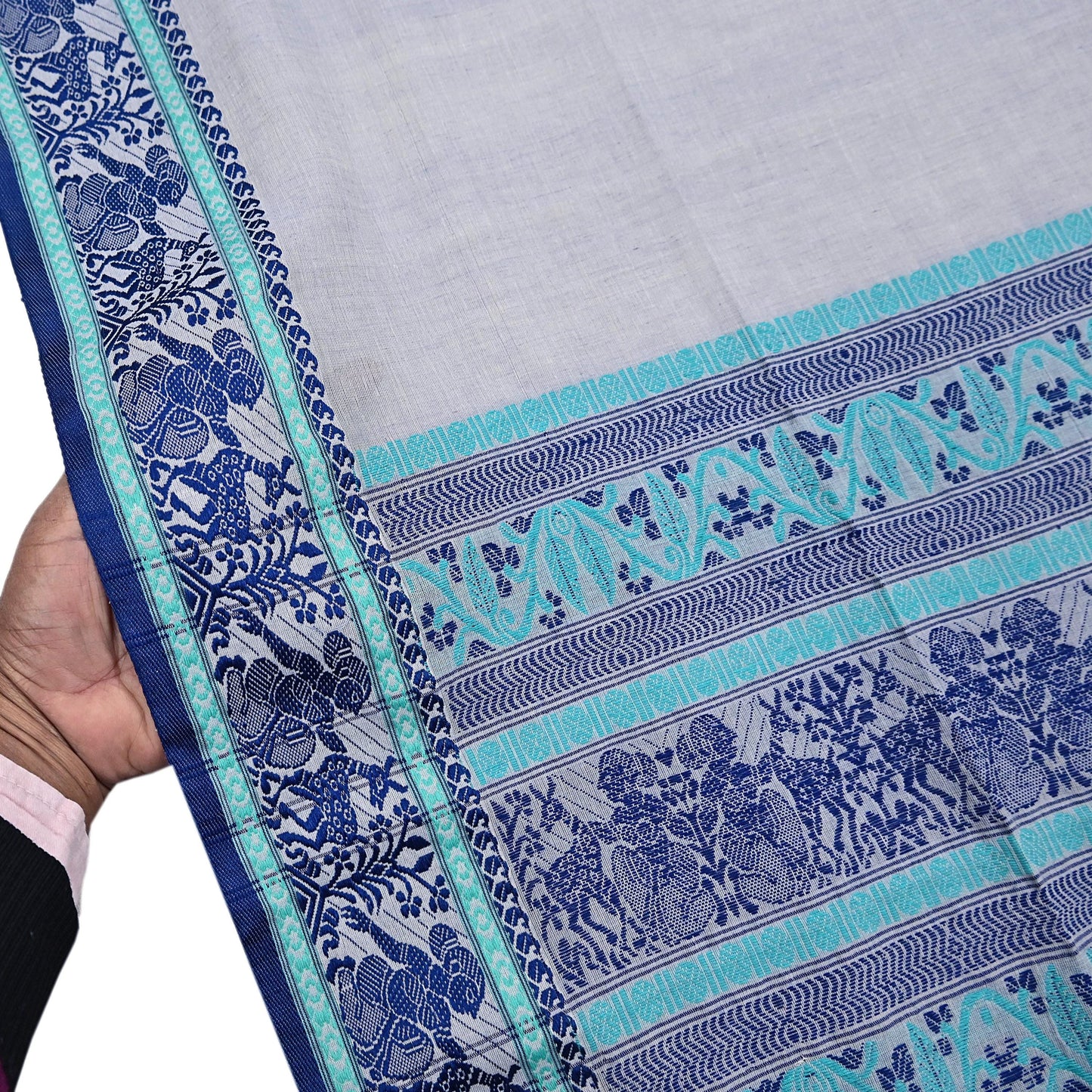 Indian Vintage Dupatta Gray Long Stole Hand Woven Baluchari Pure Cotton Scarves Veil Soft Fringes
