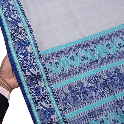Indian Vintage Dupatta Gray Long Stole Hand Woven Baluchari Pure Cotton Scarves Veil Soft Fringes