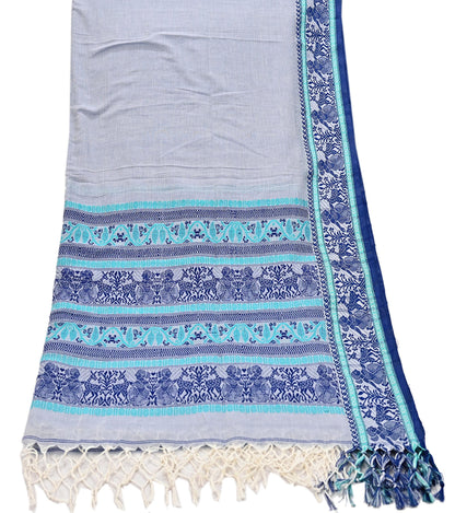Indian Vintage Dupatta Gray Long Stole Hand Woven Baluchari Pure Cotton Scarves Veil Soft Fringes