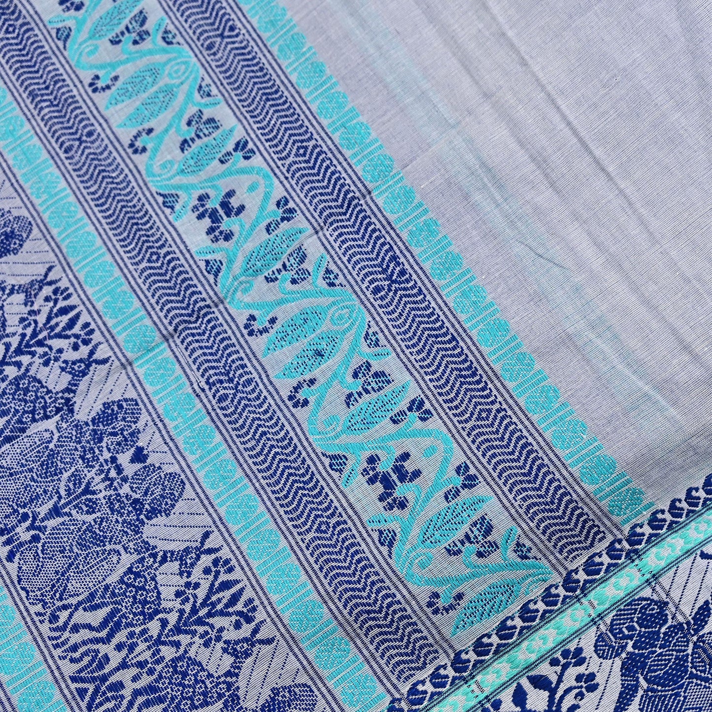 Indian Vintage Dupatta Gray Long Stole Hand Woven Baluchari Pure Cotton Scarves Veil Soft Fringes