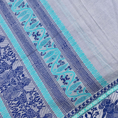 Indian Vintage Dupatta Gray Long Stole Hand Woven Baluchari Pure Cotton Scarves Veil Soft Fringes