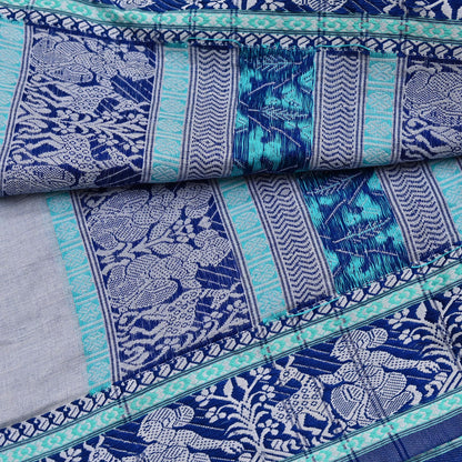 Indian Vintage Dupatta Gray Long Stole Hand Woven Baluchari Pure Cotton Scarves Veil Soft Fringes