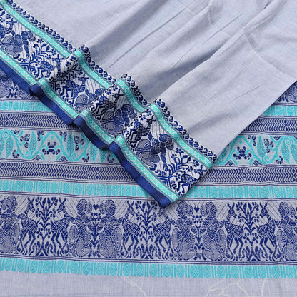 Indian Vintage Dupatta Gray Long Stole Hand Woven Baluchari Pure Cotton Scarves Veil Soft Fringes