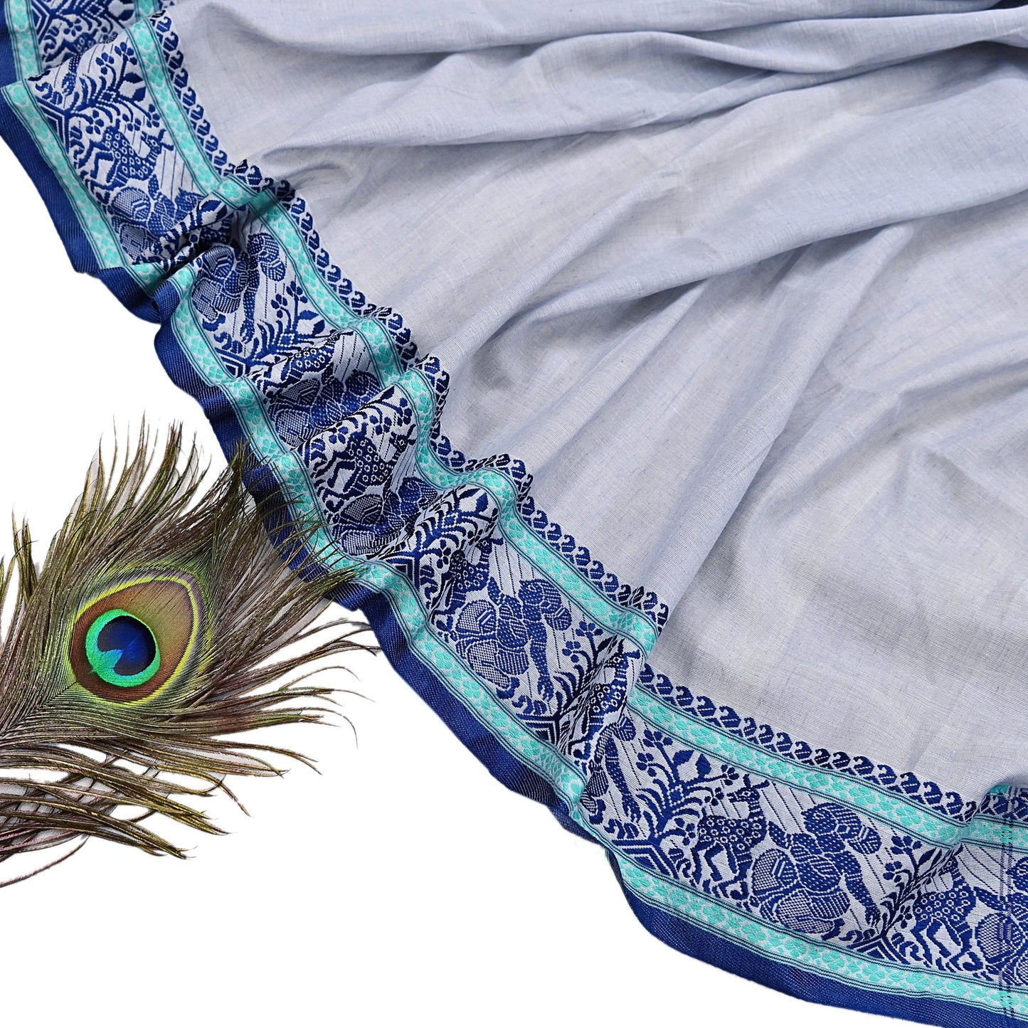 Indian Vintage Dupatta Gray Long Stole Hand Woven Baluchari Pure Cotton Scarves Veil Soft Fringes