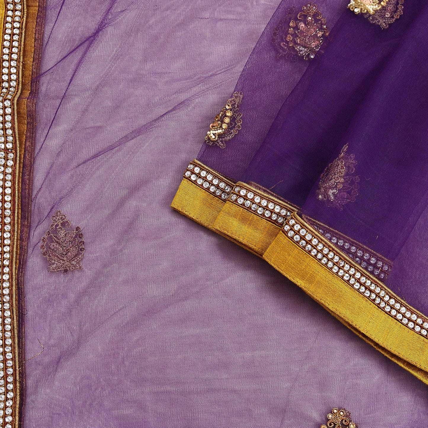 Indian Vintage Heavy Purple Dupatta Net Mesh Long Stole Hand Embroidered Scarves Golden Zardozi Zari Sequins Hijab Veil wrap Boho