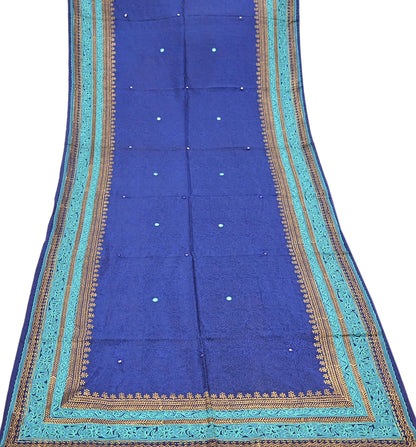 Indian Vintage Dupatta Blue Long Stole Artificial silk embroidered Painted Scarves Veil Zari Soft Floral Design
