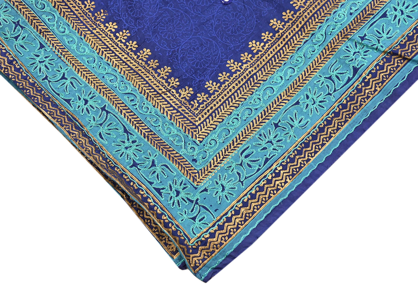 Indian Vintage Dupatta Blue Long Stole Artificial silk embroidered Painted Scarves Veil Zari Soft Floral Design