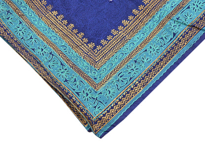 Indian Vintage Dupatta Blue Long Stole Artificial silk embroidered Painted Scarves Veil Zari Soft Floral Design