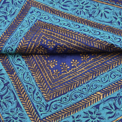 Indian Vintage Dupatta Blue Long Stole Artificial silk embroidered Painted Scarves Veil Zari Soft Floral Design