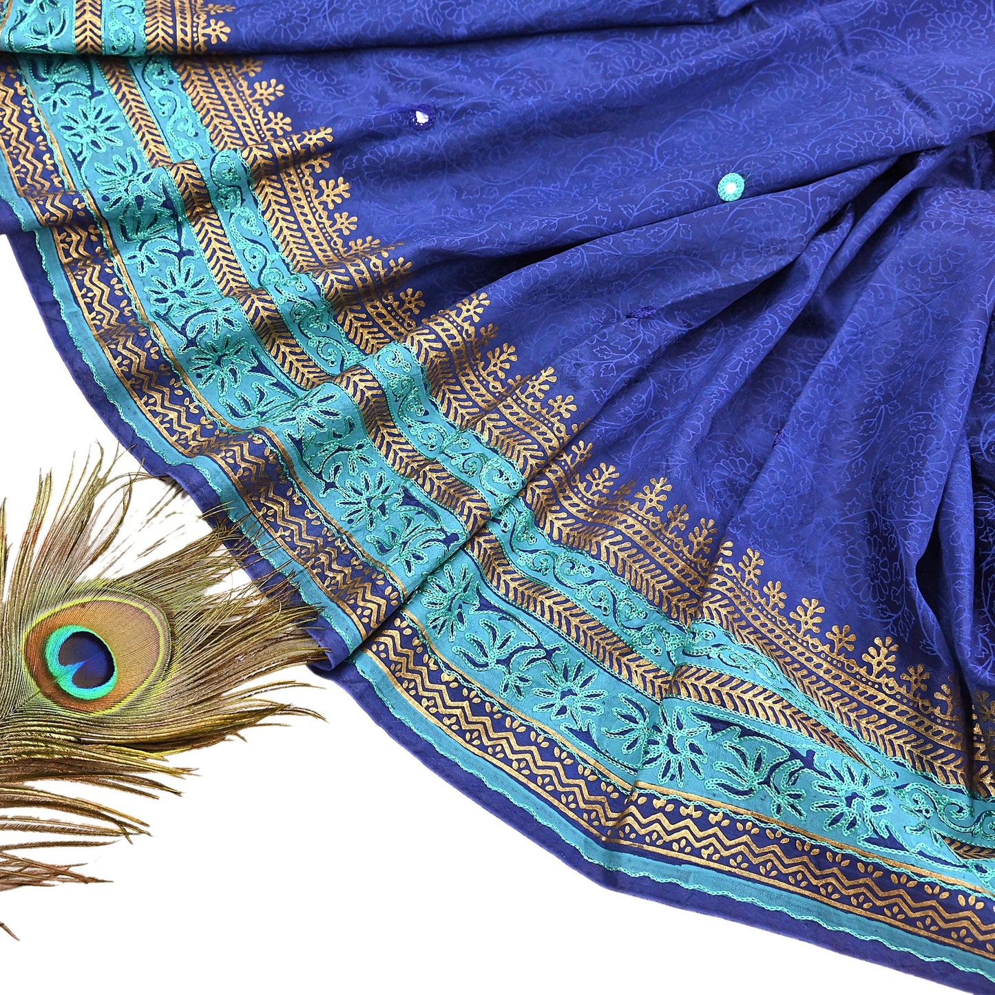 Indian Vintage Dupatta Blue Long Stole Artificial silk embroidered Painted Scarves Veil Zari Soft Floral Design