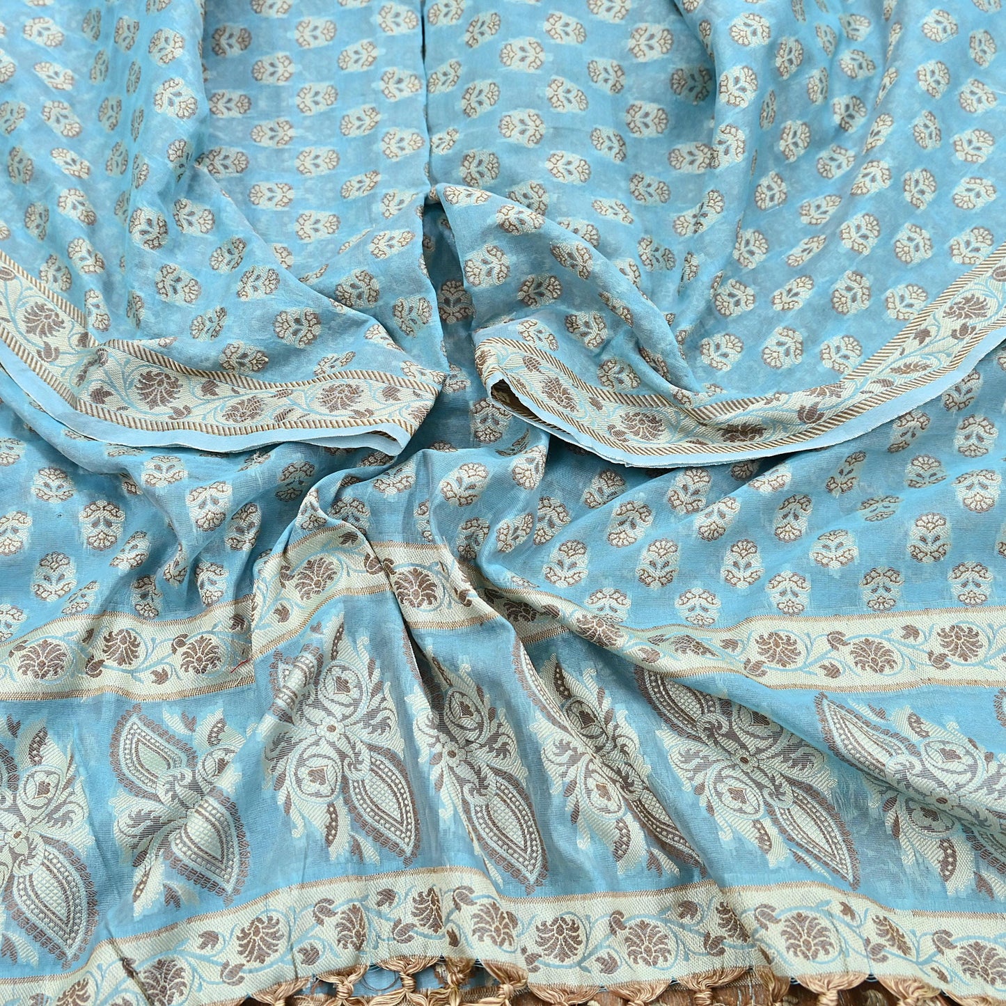 Indian Vintage Blue Dupatta Long Stole Woven Cotton Scarves Veil Soft Floral Design Wrap Boho Upcycle For Designing