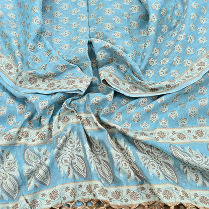 Indian Vintage Blue Dupatta Long Stole Woven Cotton Scarves Veil Soft Floral Design Wrap Boho Upcycle For Designing