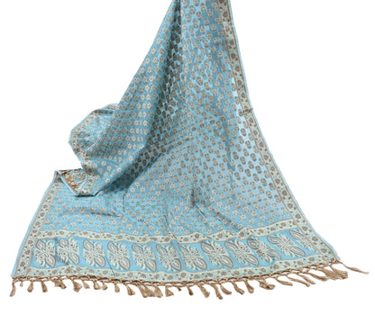Indian Vintage Blue Dupatta Long Stole Woven Cotton Scarves Veil Soft Floral Design Wrap Boho Upcycle For Designing