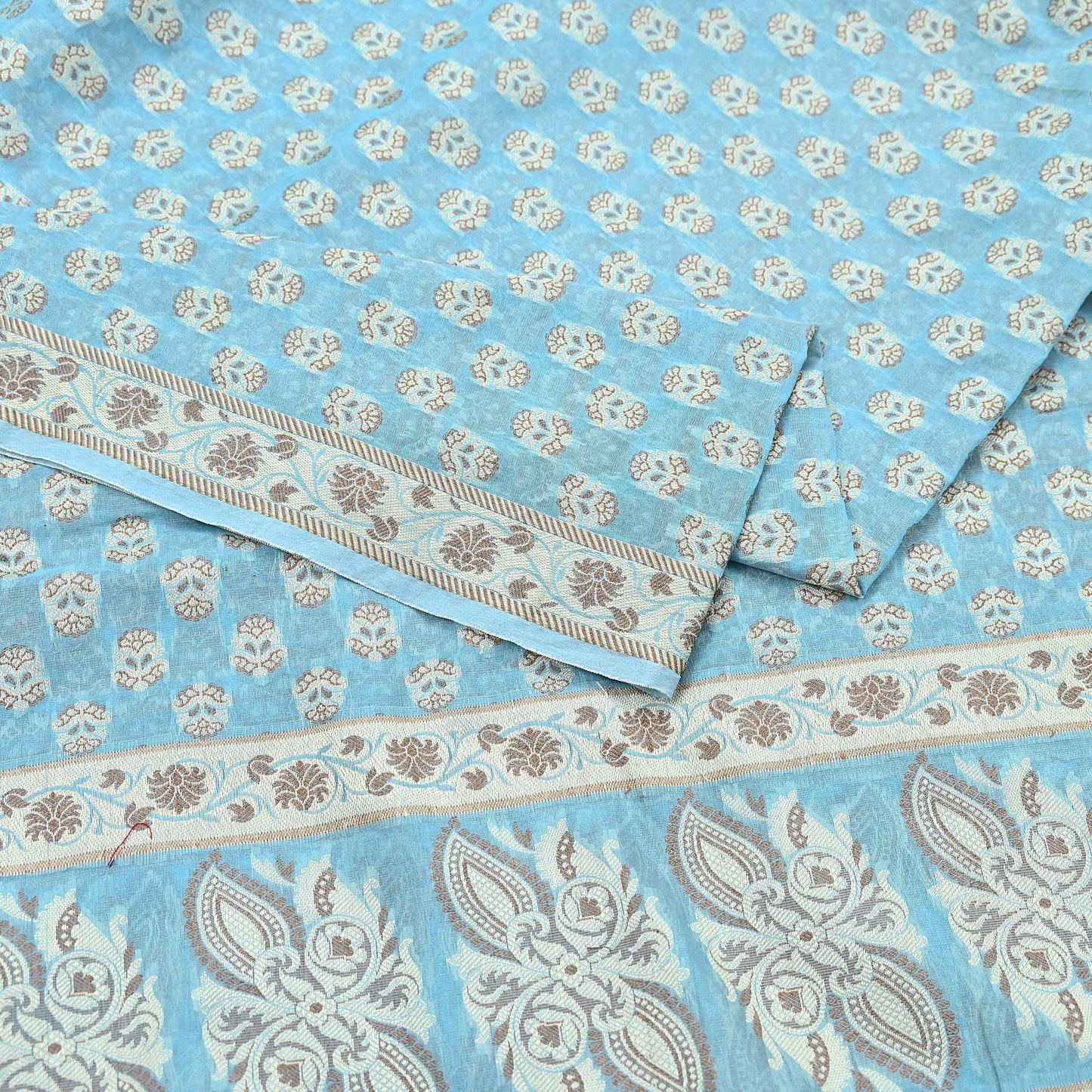 Indian Vintage Blue Dupatta Long Stole Woven Cotton Scarves Veil Soft Floral Design Wrap Boho Upcycle For Designing