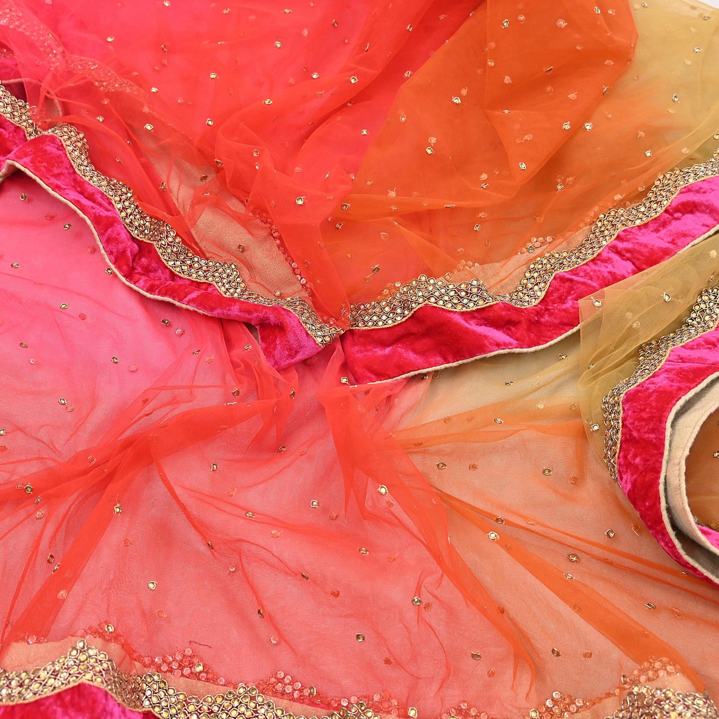 Indian Vintage Heavy Multi Dupatta Net Mesh Long Stole Hand Embroidered Scarf Golden Zardozi Zari Glass Beaded Stole