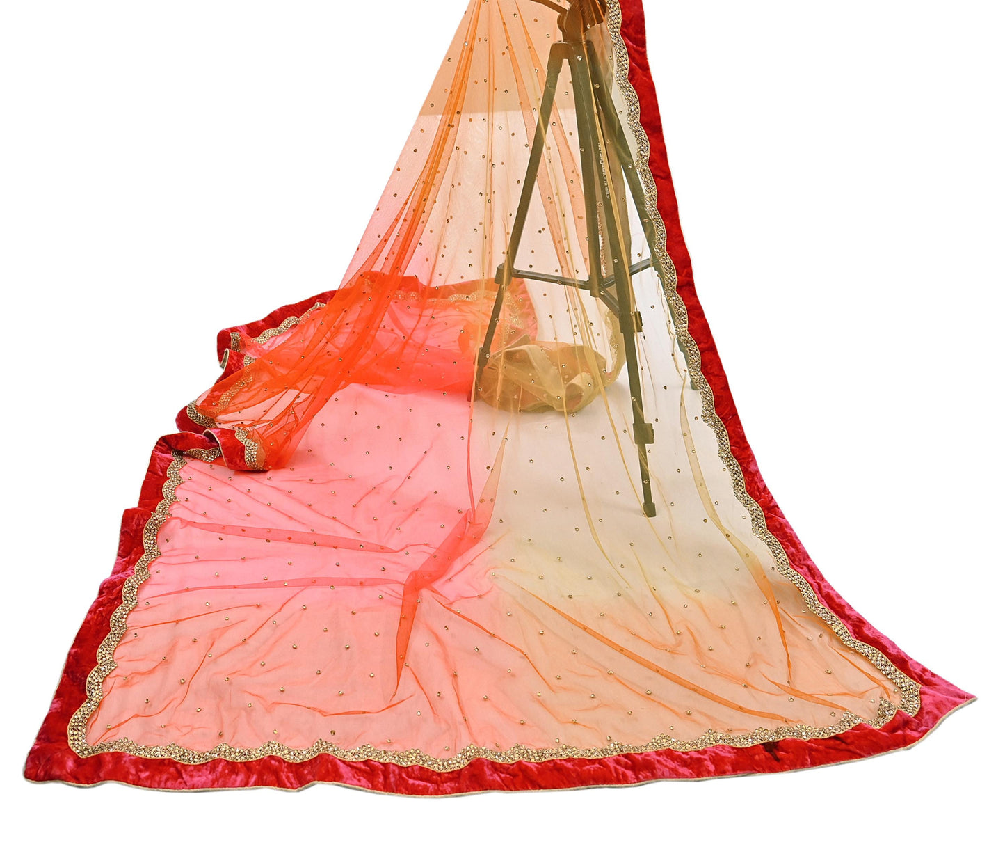 Indian Vintage Heavy Multi Dupatta Net Mesh Long Stole Hand Embroidered Scarf Golden Zardozi Zari Glass Beaded Stole