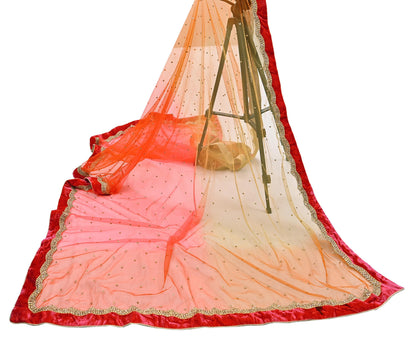Indian Vintage Heavy Multi Dupatta Net Mesh Long Stole Hand Embroidered Scarf Golden Zardozi Zari Glass Beaded Stole
