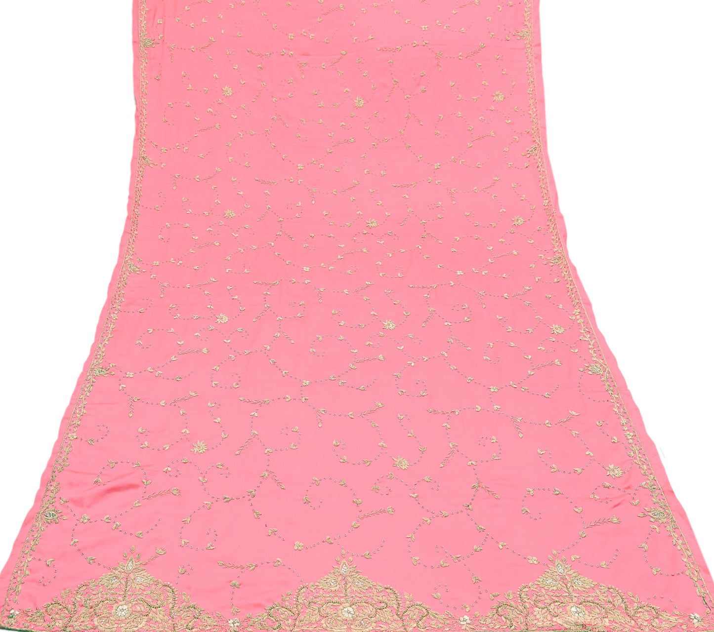 Indian Vintage Heavy Wedding Pink Dupatta Pure Satin Silk Long Stole Hand Embroidered Scarves Golden Zardozi Bridal Veil