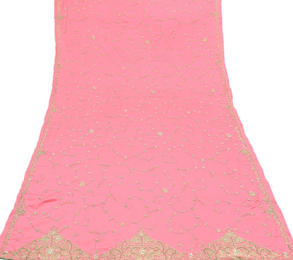 Indian Vintage Heavy Wedding Pink Dupatta Pure Satin Silk Long Stole Hand Embroidered Scarves Golden Zardozi Bridal Veil
