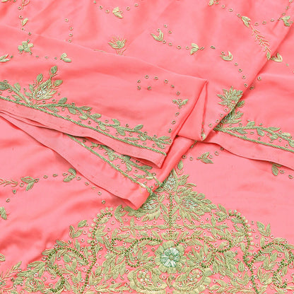 Indian Vintage Heavy Wedding Pink Dupatta Pure Satin Silk Long Stole Hand Embroidered Scarves Golden Zardozi Bridal Veil